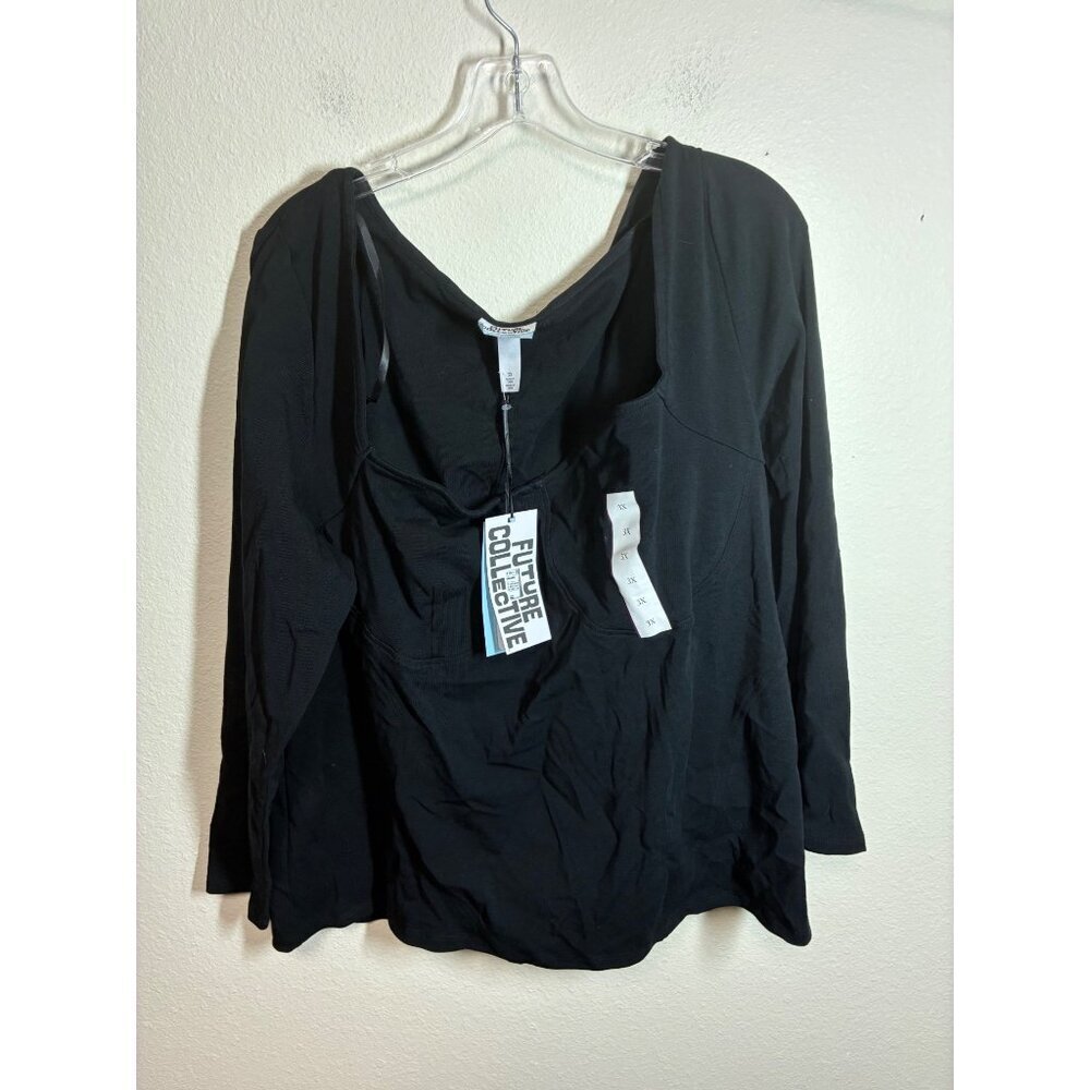 NWT Future Collective Long Sleeve Sweetheart Neckline T-Shirt Top Black Size 3X